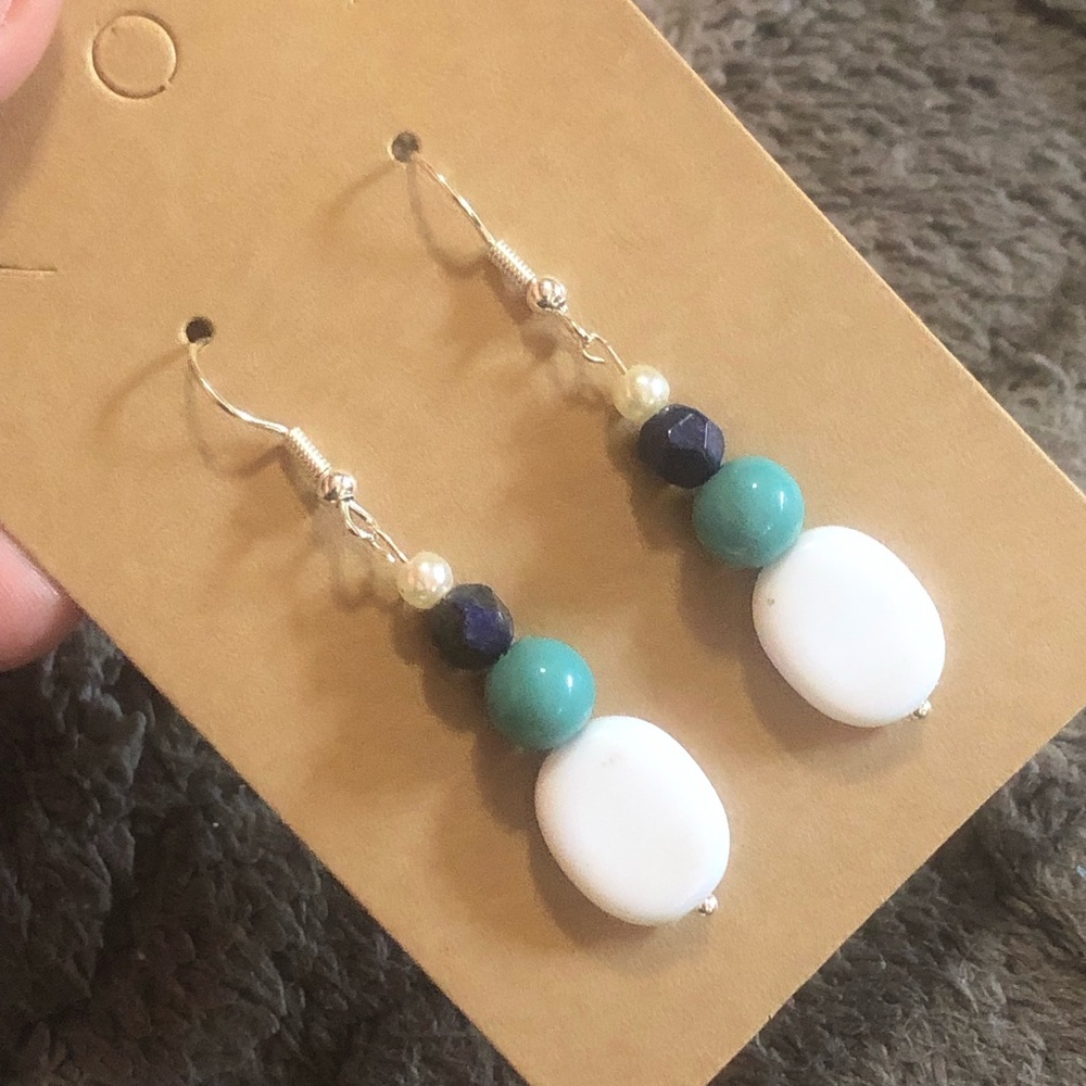 Handcrafted glass beads genuine stone sodalite dangle earrings - Picture 1 of 5